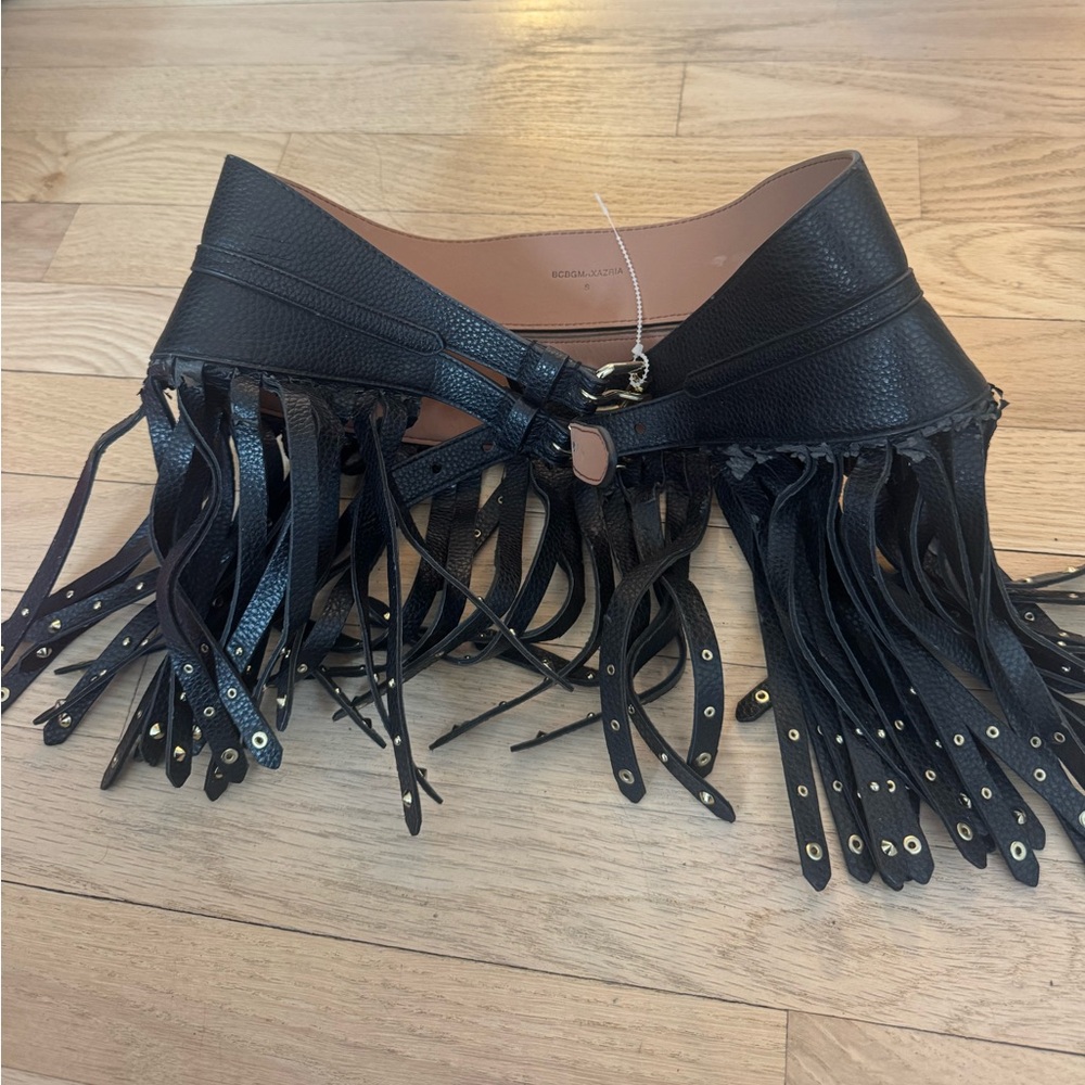 BCBGMaxAzria Black Leather Fringe Belt with Gold-Tone Eyelets